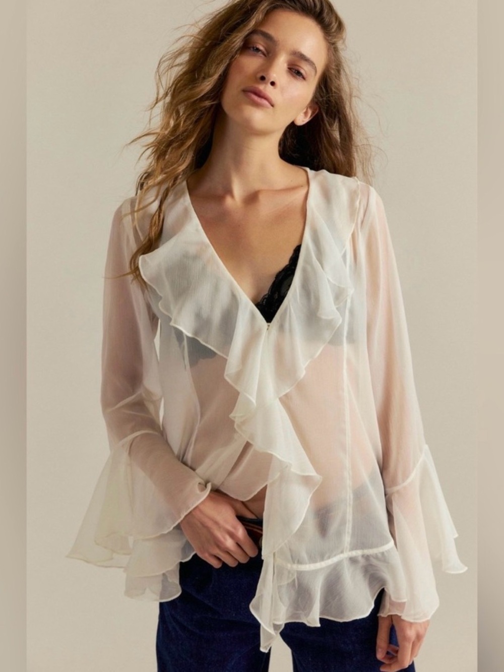 Free People Bali Tulula Sheer Ruffle Chiffon Top Ivory Boho Bell Sleeve Blouse